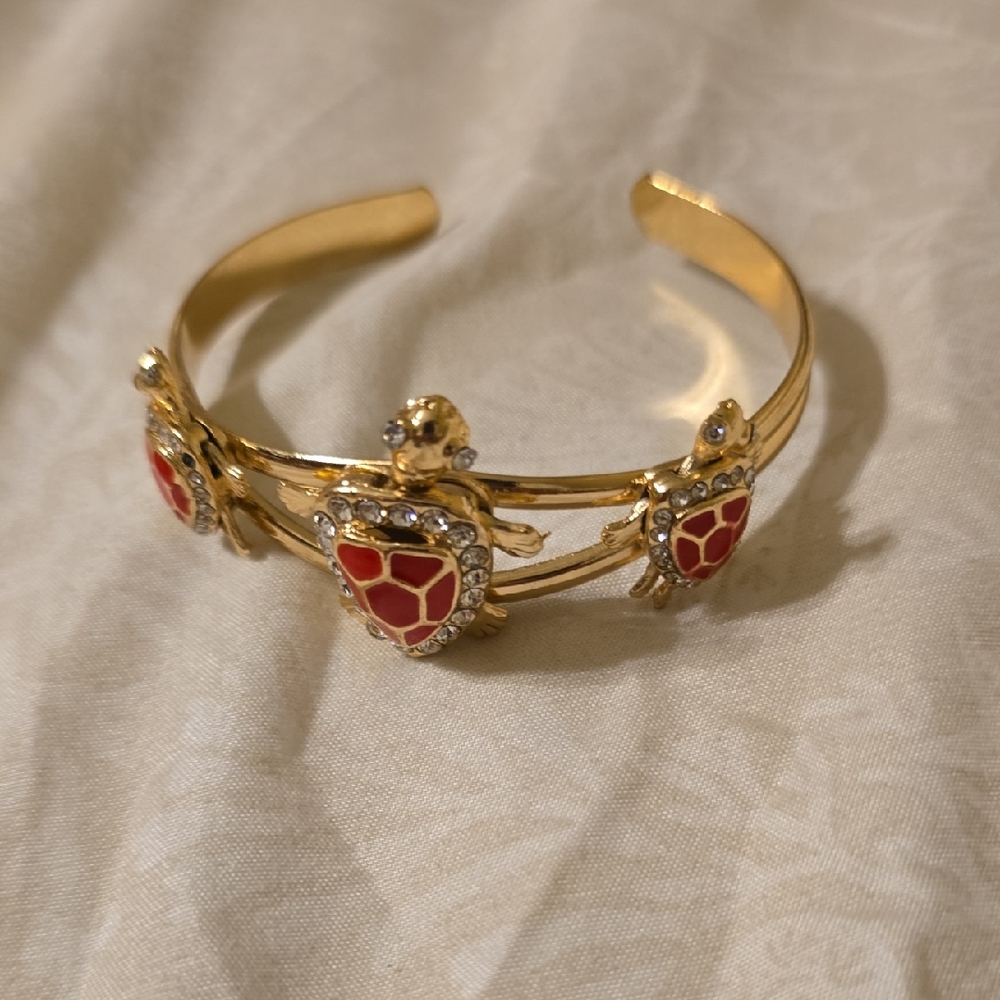 Gold Turtle Bracelet with Red Accents